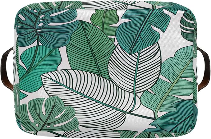 Tropical Leaves Bin - Large Storage Basket for Home Office (15x11x9.5inch)