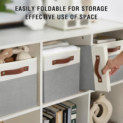 Bagnizer Collapsible Fabric Storage Cube Bins with 2 Reinforced PU Handles, Foldable Storage Organizer Baskets for Closet, Shelves, Living Room | 11"x11"x11", 4 Pack, Gray & White