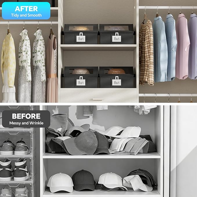 Simple Trending Hat Organizer for Baseball Caps, 2PCS Stackable Storage with Clear Window Lid,Hat Box for Closet, Holds up to 24 Caps Hat Organizer for Closet,Black