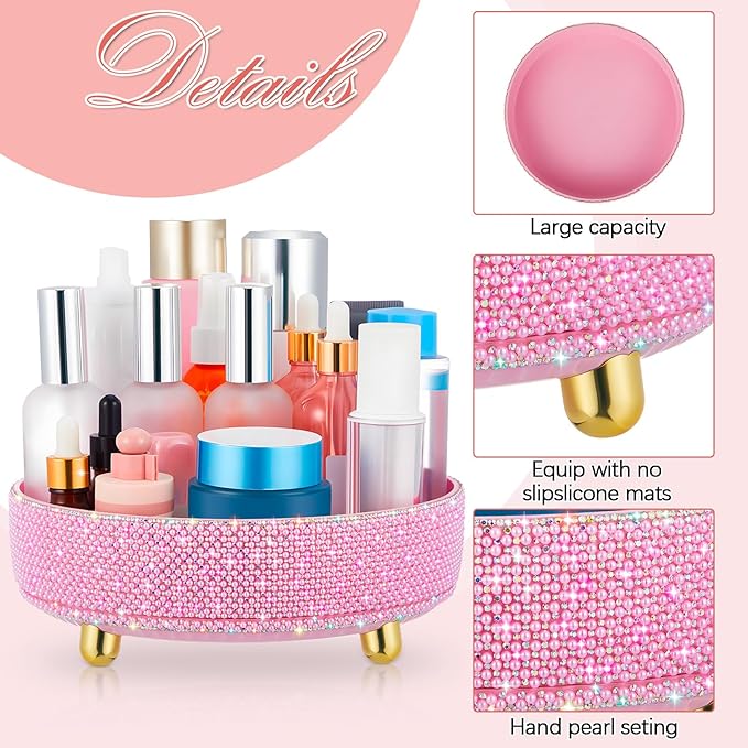 Honeydak Pink Bling Perfume Makeup Organizer Bling Mother's Day Nurses Day Gifts for Women Bathroom Organizers and Storage 360 Rotating Makeup Organizer for Countertop(Pearl)