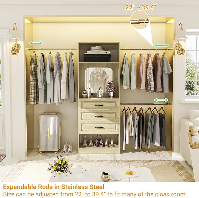 Unikito 48" W - 96” W Closet System with Mirror, 8FT Walk in Closet Organizer with Drawers and 3 Extendable Hanging Rod, Sturdy Wood Clothing Garment Rack with 25” Tower, Max Load 1000 LBS, White Oak