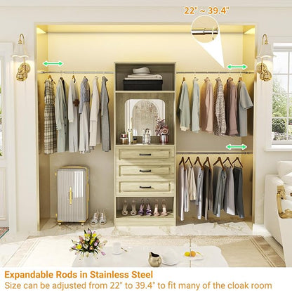 Unikito 48" W - 96” W Closet System with Mirror, 8FT Walk in Closet Organizer with Drawers and 3 Extendable Hanging Rod, Sturdy Wood Clothing Garment Rack with 25” Tower, Max Load 1000 LBS, White Oak