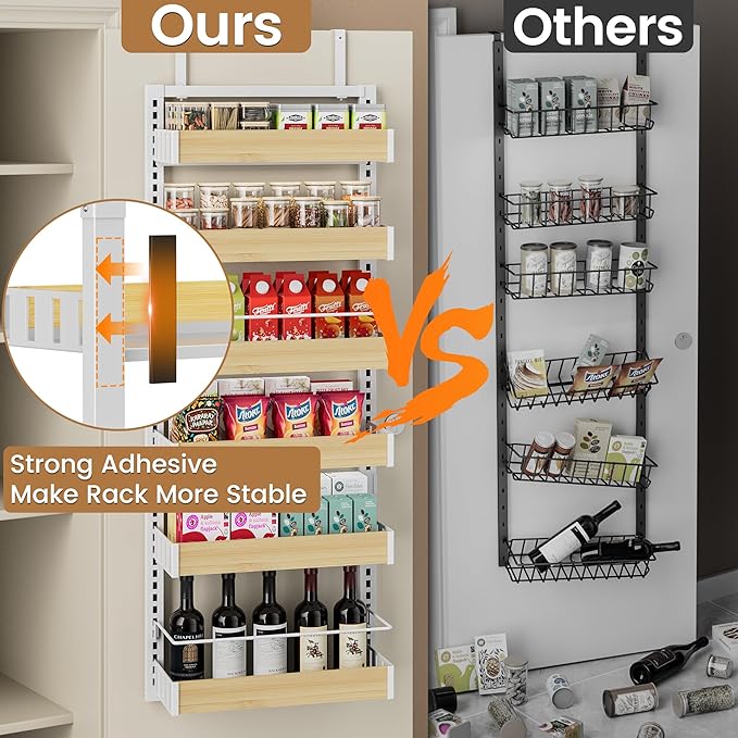 POKIPO 6 Tier Over The Door Pantry Organizer, 2-in-1 Door Hanging or Wall Mounted Spice Rack, Large Heavy Duty Pantry Door Storage Seasoning Shelves with Adjustable Basket for Kitchen Bathroom Closet