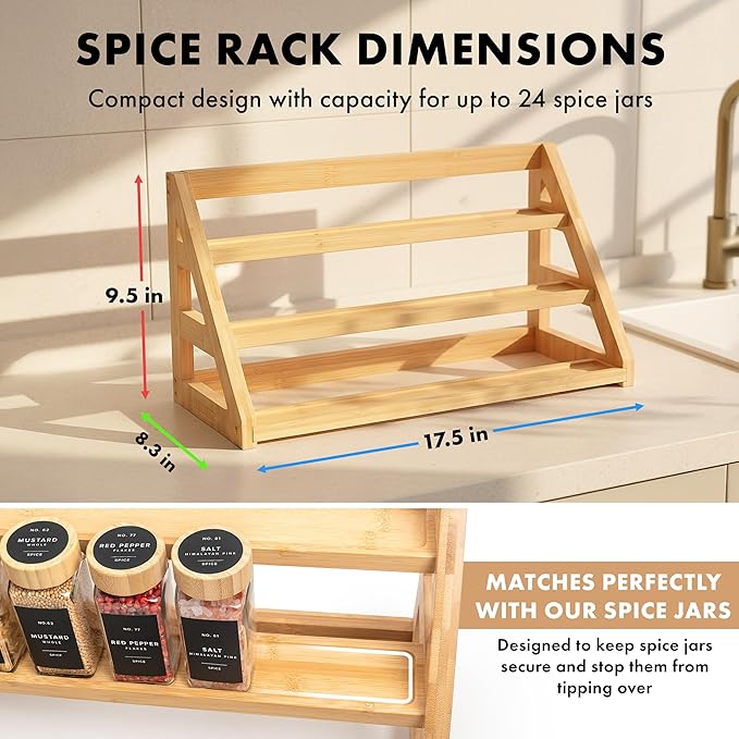 EDELHAUS 3 Tier Bamboo Spice Rack Organizer for Cabinet – Fits 24 Spice Jars, 17.5” Wide Countertop & Cabinet Organizer for Kitchen Organization, Seasoning Organizer Shelf (Jars Not Included)