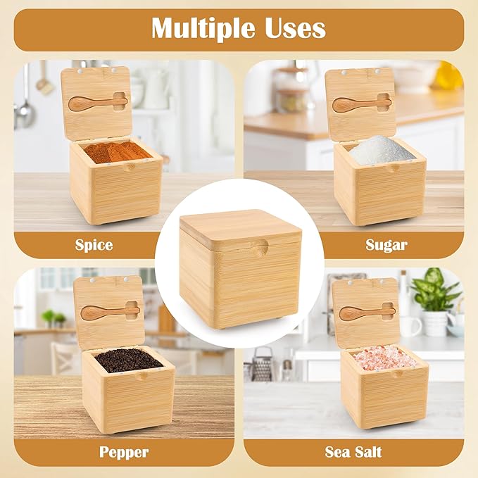 Luxiv Updated Bamboo Salt Cellar with Lid and Spoon, Bamboo Salt Box Wood Spice Box with Magnetic Lid for Pepper Spice Sea Salt Container Jar For Countertop with 4 Bases