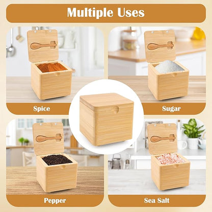 Luxiv Updated Bamboo Salt Cellar with Lid and Spoon, Bamboo Salt Box Wood Spice Box with Magnetic Lid for Pepper Spice Sea Salt Container Jar For Countertop with 4 Bases