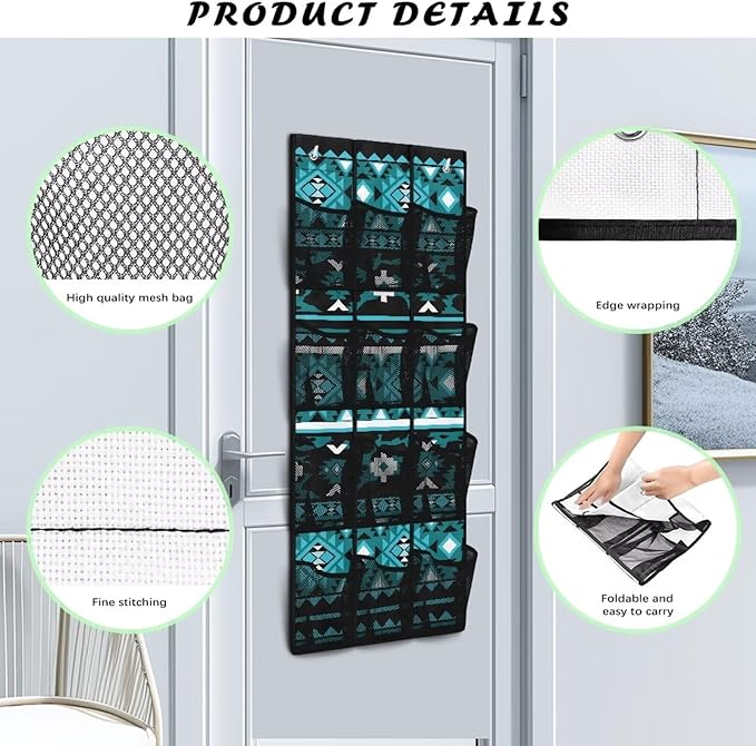 Over Door Organizer with 12 Mesh Pockets, Space Saving Large Capacity Hanging Storage Organizer Sundries Toys, Shoes,Aztec
