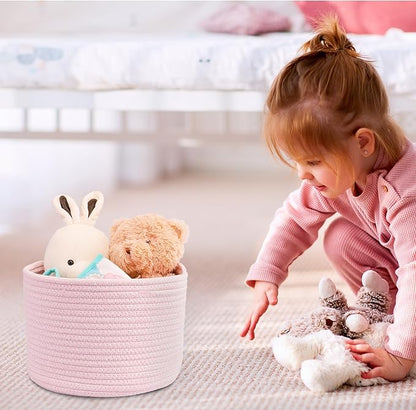 XUANGUO Woven Cotton Rope Storage Baskets - 3-Pack Round Bins (10x10x7'') for Shelves, Closets & Bookcases | Durable Rope Organizers for Nursery, Baby, Toys, Easter & More (pink)