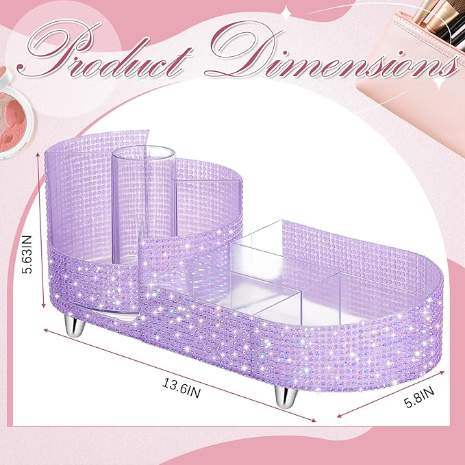 Teen Girls Mother's Day 360 Rotating Bling Makeup Organizer Gift Rhinestone Diamond Bathroom Organizer Girly Skin Care Brush Holder for Countertop, Bathroom Essentials(Purple,Rhinestone)