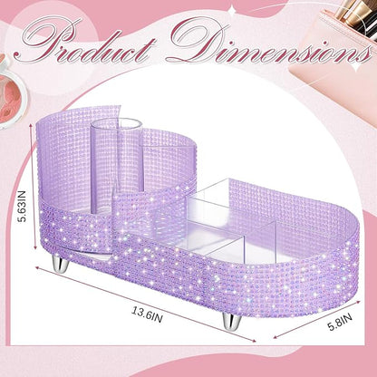 Teen Girls Mother's Day 360 Rotating Bling Makeup Organizer Gift Rhinestone Diamond Bathroom Organizer Girly Skin Care Brush Holder for Countertop, Bathroom Essentials(Purple,Rhinestone)