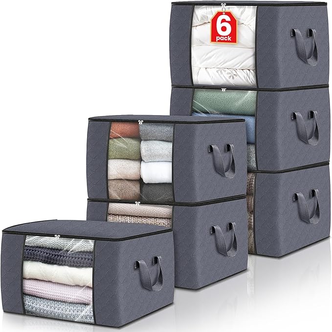 Fab totes 6 Pack Storage Bags for Clothes and Blanket, Foldable Closet Organizers and Storage with Zippers, Clear Window and Handles, Fabric Storage Bins for Sweater, Comforter, Bedding,Linen Sheets