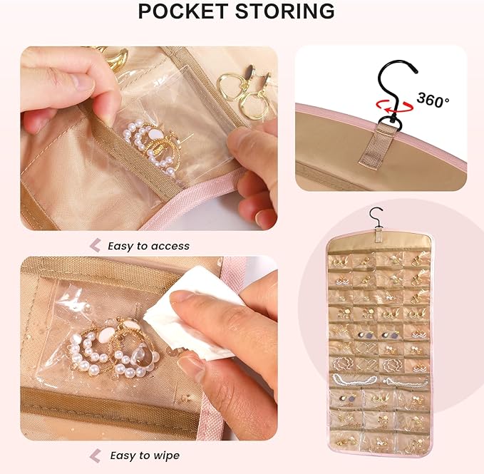 Hanging Jewelry Organizer Doubled-sided with Pockets & Hooks for Rings, Earrings, Necklaces, Hair Accessories Storage Roll, Closet Earring Holder Organizer for Wall, Door, Travel, 1 PCS, Pink