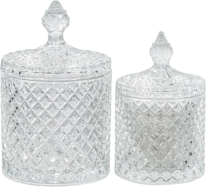 R FLORY 2 Pack Qtip Holder Glass Apothecary Jars with Lids Bathroom Storage Organizer for Cotton Swabs, Balls, Pads, Floss Picks, Vanity Storage Containers for Makeup, Candy, Jewelry (10+24oz, Clear)
