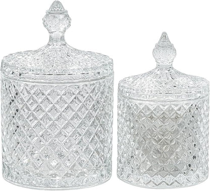 R FLORY 2 Pack Qtip Holder Glass Apothecary Jars with Lids Bathroom Storage Organizer for Cotton Swabs, Balls, Pads, Floss Picks, Vanity Storage Containers for Makeup, Candy, Jewelry (10+24oz, Clear)