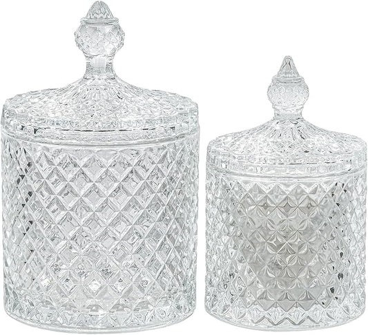 R FLORY 2 Pack Qtip Holder Glass Apothecary Jars with Lids Bathroom Storage Organizer for Cotton Swabs, Balls, Pads, Floss Picks, Vanity Storage Containers for Makeup, Candy, Jewelry (10+24oz, Clear)