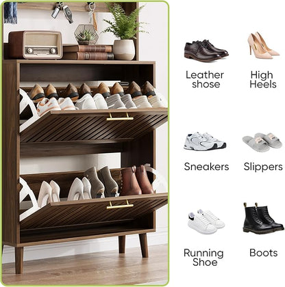Tall Shoe Cabinet with Coat Rack, Shoe Storage Cabinet with Louvered 2 Doors, Tall Freestanding Entryway Shoe Cabinet with Adjustable Shelves, Modern Shoe Organizer Cabinet, Shoe Rack Cabinet (Walnut)