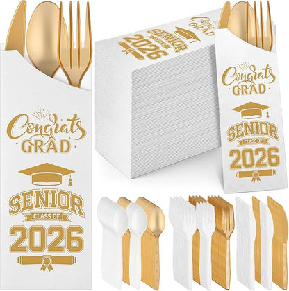 Funnymoom 400 Pcs 2026 Graduation Wrapped Silverware Bags Holder - Disposable Dinnerware Set Includes Plastic Spoons Knives and Forks, Class of 2026 Parties School Congrats Supplies(White and Gold)
