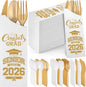 Funnymoom 400 Pcs 2026 Graduation Wrapped Silverware Bags Holder - Disposable Dinnerware Set Includes Plastic Spoons Knives and Forks, Class of 2026 Parties School Congrats Supplies(White and Gold)