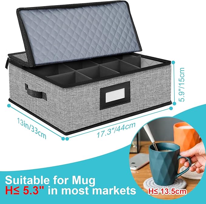5 PACK China Storage Containers-Quilted Mug Storage and Moving Boxes for Dishes,Dish Packing Supplies for Moving,Dinnerware &Accessories,Holds a total of 48 plates (4 sizes) and 12 cups(Grey)