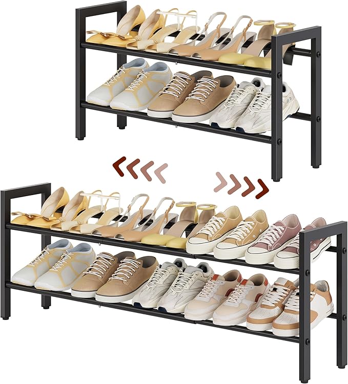FAVOOSTY 2-Tier Expandable Shoe Rack, Adjustable Shoe Shelf Storage Organizer Space Saving Metal Free Standing Shoe Rack for Entryway Closet Doorway, Black