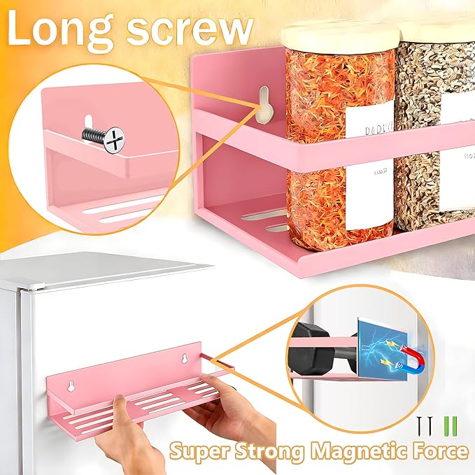 SMRCAD Magnetic Spice Rack for Refrigerator, 4pack Magnetic Shelf for Fridge Space Saving Seasoning Organizer for Any Metal Surface No Drilling Needed(PINK -cut out, 4pack)
