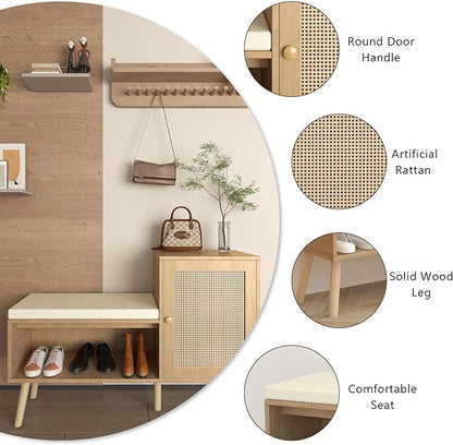 2-in-1 Shoe Storage Bench, Rattan Shoe Cabinet with 2 Adjustable Shelves and Removable Seat Cushion, Modern Entryway Bench, Shoe Storage Organizer, Shoe Rack for Hallway, Bedroom