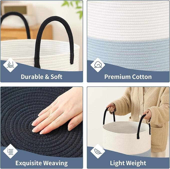 Laundry Basket Hamper Tall Rope Storage Woven for Blanket toys Dirty Clothes in Living Room Bathroom Bedroom (Gradient Blue, 100L/26.4Gal)