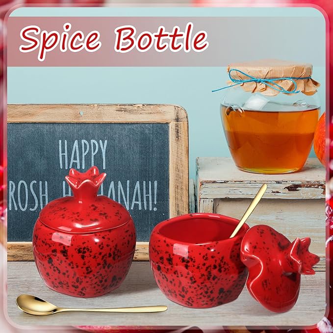 Honeydak 2 Pcs Rosh Hashanah Pomegranate Salt Bowl Set with Lid and Spoon Jewish New Year Pomegranate Salt Pepper Seasoning Jar 3.9 Inch for Jewish Kitchen Party Table Wedding Collectable Gift