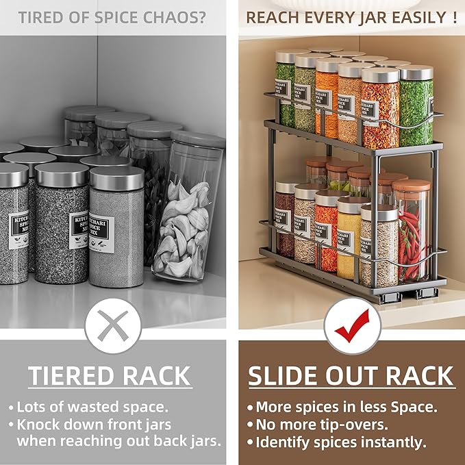 2 Packs Pull Out Spice Rack Organizer for Cabinet, 2-Tier Slide Out Seasoning Organizer, Narrow Cabinet Spice Rack, 10.7" Dx4.8 Wx8.85 H, Full Extension Ball Bearing Glides, Kitchen Pantry Organizer