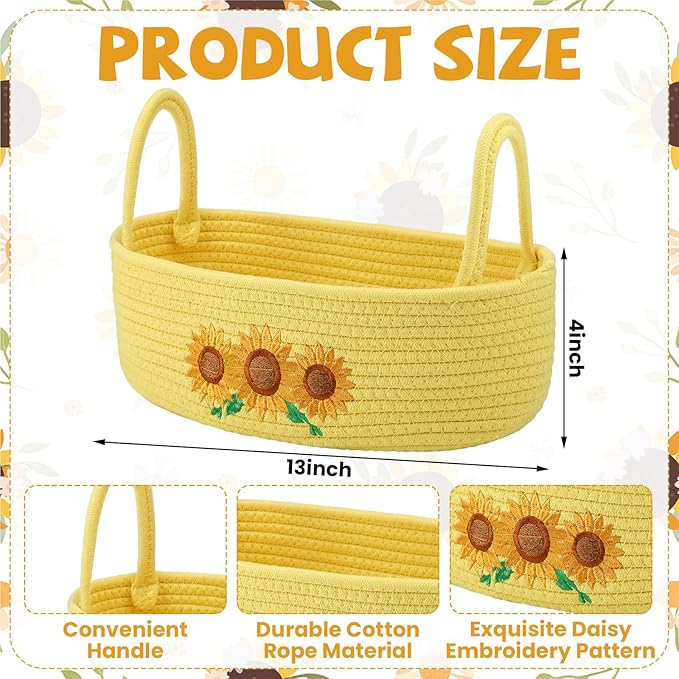 Vesici Sunflower Woven Storage Basket for Toilet Tank Top Boho Cotton Rope Bathroom Countertop Organizer Basket with Handle Yellow Bathroom Decor for Bedroom Nursery Toys Organizing, 13 x 6 x 4 Inch