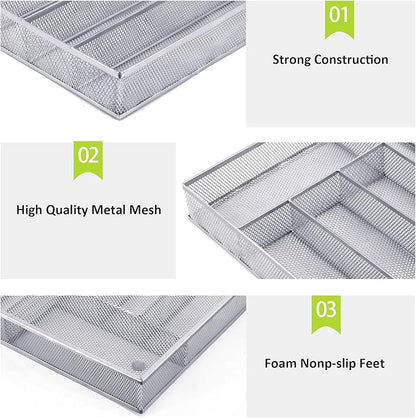 Neudeco Silverware Drawer Organizer - 5 Compartment Cutlery Tray with Non-Slip Feet, Mesh Wire Flatware Storage Divider for Kitchen, Bedroom, Living Room (Silver)