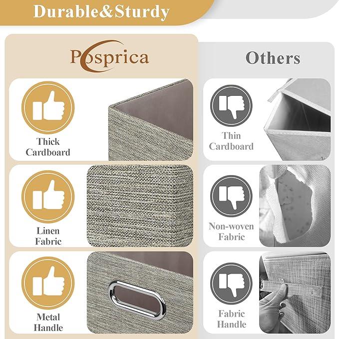 Posprica Closet Storage Bins, 4 Pack Large Closet Shelf Organizers, Linen Fabric Decorative Storage Baskets for Organizing, Foldable Storage Box for Clothes, Toy, 16.5x12x10.25 Inch-Coffee
