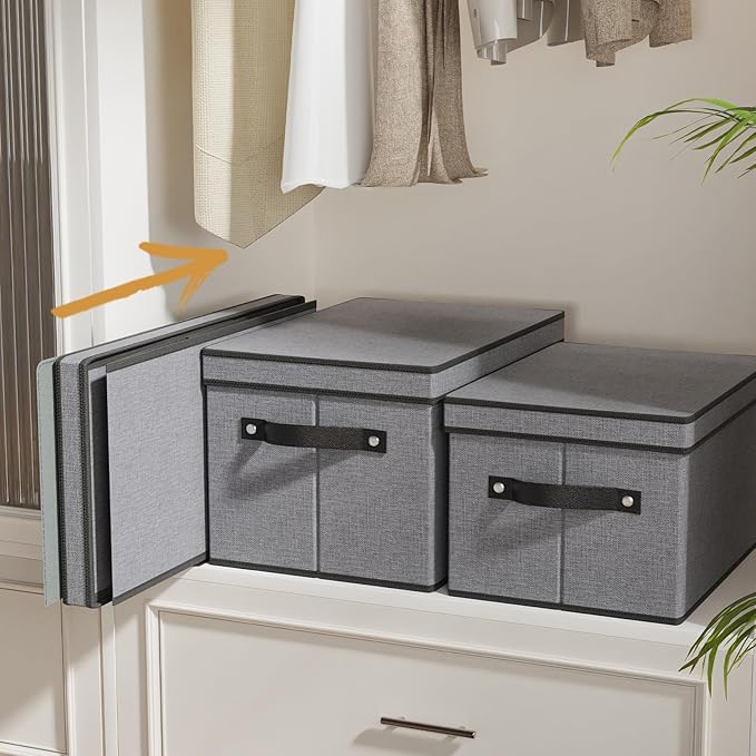 Fabric Storage Bin with Lid, 7.1 x 9.1 x 13 Inch Foldable Storage Box for Shelves with Handles, Decorative Linen Closet Organizer, Gray, 1-Pack
