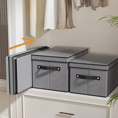 Fabric Storage Bin with Lid, 7.1 x 9.1 x 13 Inch Foldable Storage Box for Shelves with Handles, Decorative Linen Closet Organizer, Gray, 1-Pack