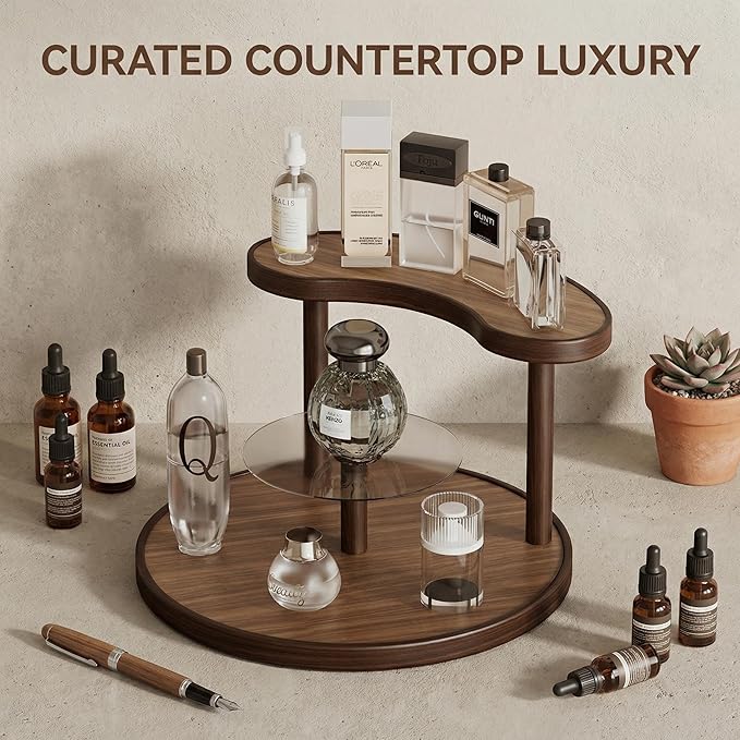 GDQ Wooden Display Organizer Stand,Perfume Organizer, Brown Bamboo Vanity Organizer Display Storage for Cosmetics, Perfume, Plants, Tea Set, Open Design for Entryway/Living Room/Bathroom/Bedroom