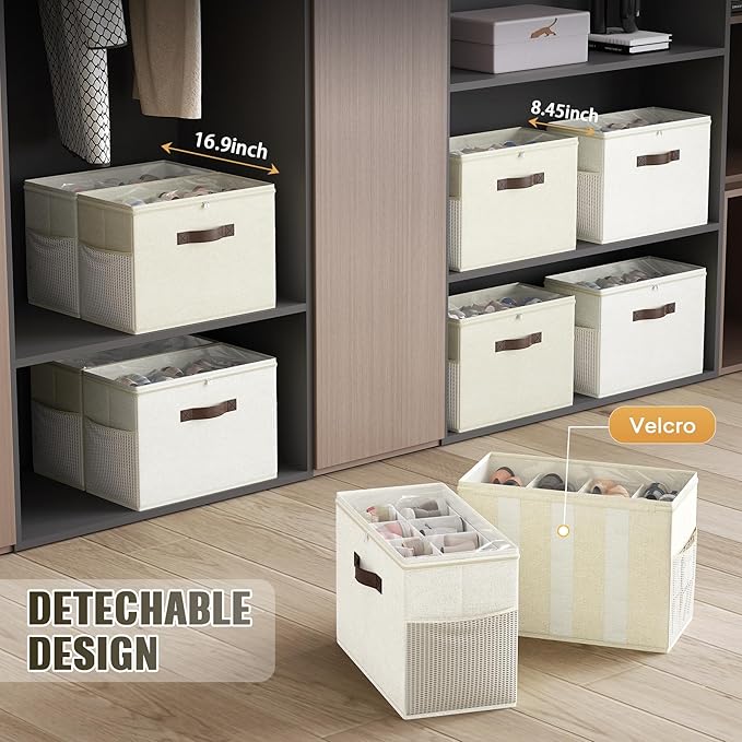 Budding Joy 2 Pack Shoe Organizer for Closet, Clear Foldable Shoe Storage Containers Adjustable Dividers Fits 16 Pairs,Shoe Storage Bins Baskets Boxes with Reinforced Handles Beige Yellow Beige