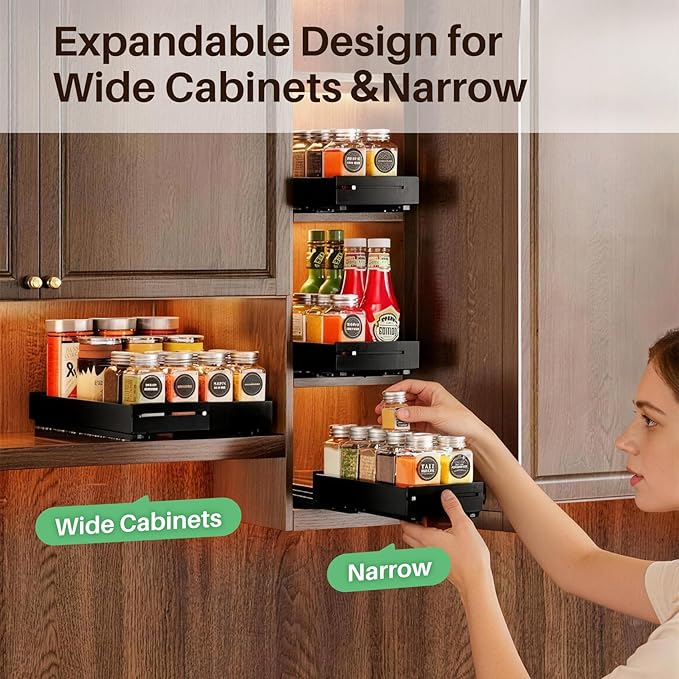 SNTD Pull Out Spice Rack for Upper Cabinet - Expandable Organizer with Smooth Ball Bearing Slides, No Drill Mounting Spice Storage for Kitchen (2 Pack, 4.1" to 7.2" W X 10" D X 2.2" H)