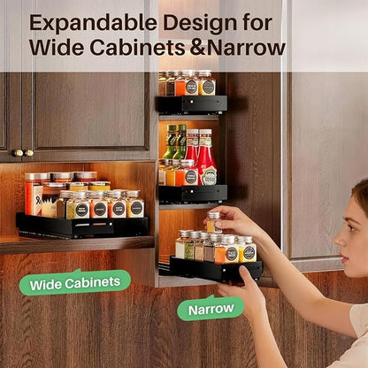 SNTD Pull Out Spice Rack for Upper Cabinet - Expandable Organizer with Smooth Ball Bearing Slides, No Drill Mounting Spice Storage for Kitchen (2 Pack, 4.1" to 7.2" W X 10" D X 2.2" H)