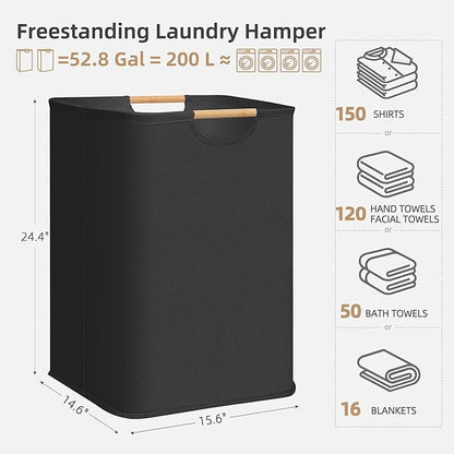 STORAGE MANIAC 2-Pack Large Laundry Hamper, 100L (26.4 Gal) Collapsible Laundry Basket with Bamboo Handles, Freestanding Waterproof Clothes Hamper for Laundry Room, Bedroom, Dorm, Towels, Toys, Black