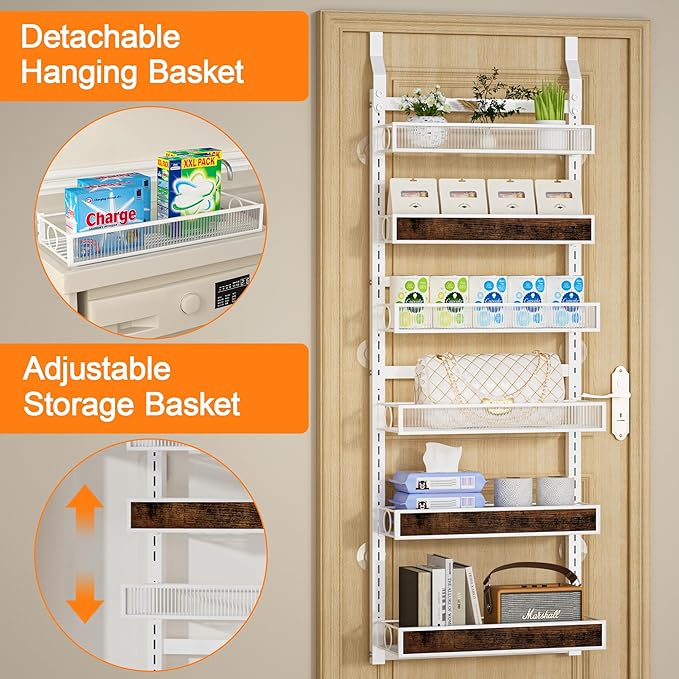 6 Tier Pantry Door Organizer Spice Rack, 2-IN-1 Wall Mount or Hanging Over Door Seasoning Organizer with Adjustable Baskets, Heavy Duty Behind Door Storage Shelves for Pantry, Cabinet and Kitchen