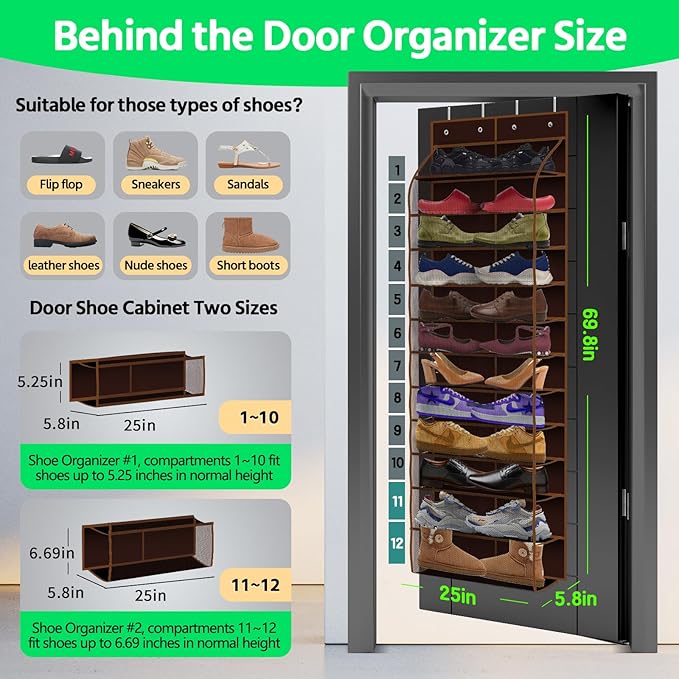 PAULONE 12 Pocket Over the Door Shoe Organizer,Reusable Breathable Large Mesh Bag Men's & Women's Sneaker Organizer,Shoe Organizer for Kids,Hanging Shoe Storage Hanging Bag (Coffee brown)