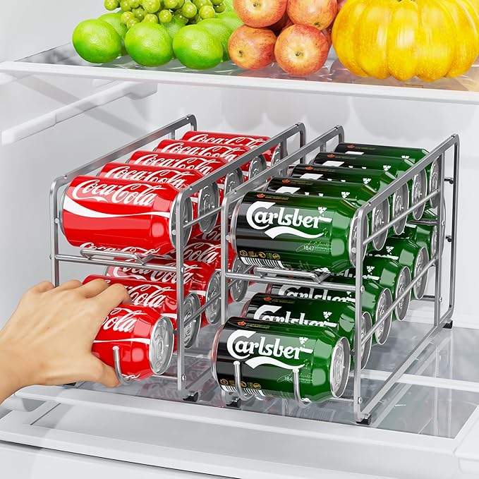 Canyave Soda Can Organizer Storage Rack, 2 Pack Stackable Beverage Soda Can Dispenser Organizer Holder for Refrigerator, Cabinet, Pantry (Silver)