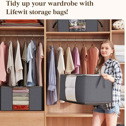 Lifewit 24 Pack 90L Clothes Storage Bins with Lids, Foldable Blanket Storage Bags with Zippers, Clear Window and Reinforced Handles, Closet and Organization for Clothing, Sweater, Comforter, Bedding