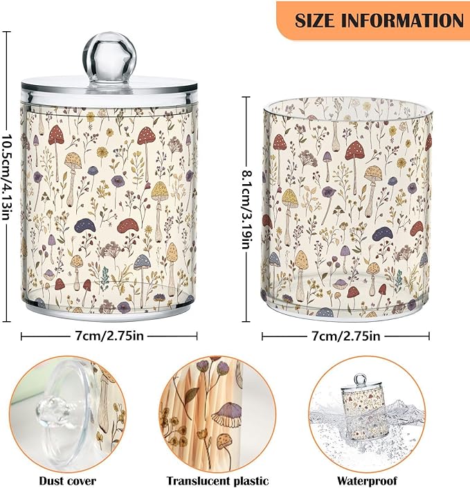 Milk Cow Qtip Holder with Lid 2PCS Apothecary Jars Storage Containers, Clear Plastic Canister for Cotton Swab,Floss Picks, Cosmetics (Mushroom and Flower, one sizex2)
