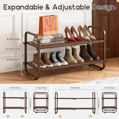 Expandable Shoe Rack for Closet - Shoe Organizer for Entryway, Adjustable Metal Shoe Storage, Stackable Long Shoe Stand Holder for Garage, Hallway, Door Entrance (Brown, 2 Tier)