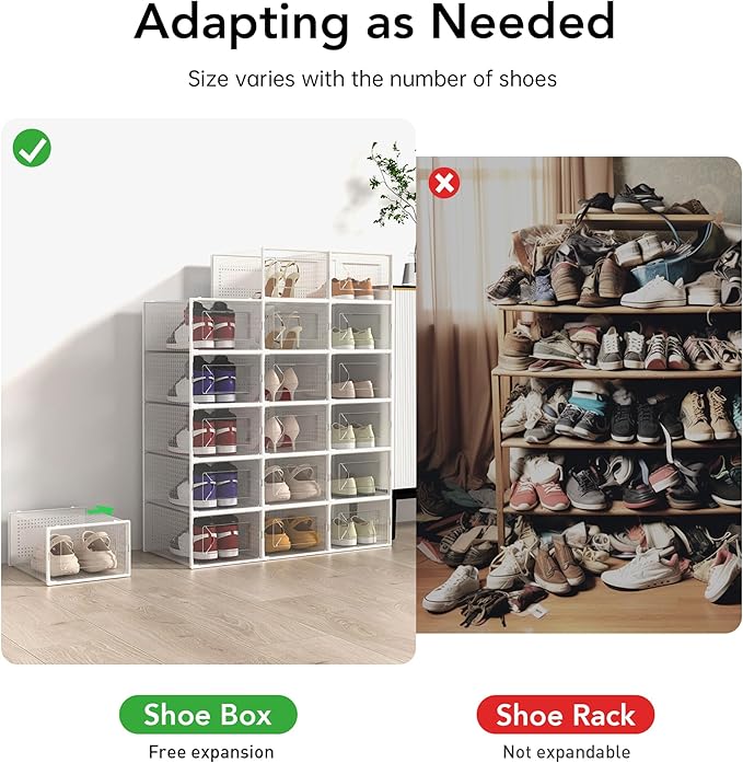 Foluck X-Large Shoe Storage Box, 15 Pack Clear Plastic Stackable Shoe Organizer for Closet, Interlocking Design Shoe Container Bins for Sneakers, Foldable Shoe Rack with Lids, White