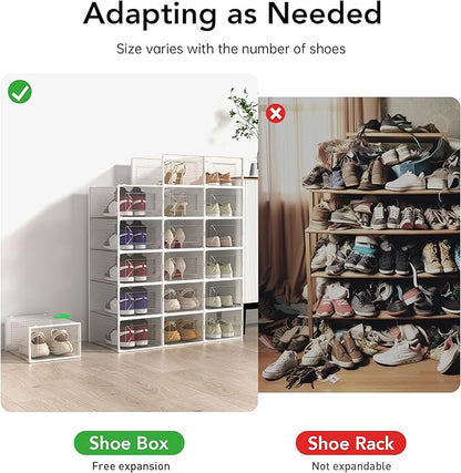 Foluck X-Large Shoe Storage Box, 15 Pack Clear Plastic Stackable Shoe Organizer for Closet, Interlocking Design Shoe Container Bins for Sneakers, Foldable Shoe Rack with Lids, White