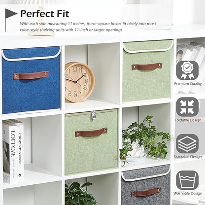 2PCS Storage Cubes with Lid Fabric Storage Bins Boxes PU Leather Handles Cotton Linen Closet Organizer Container Decorative Foldable Washable Shelf Cloth Basket (Zipper Lid, Green, 11in)