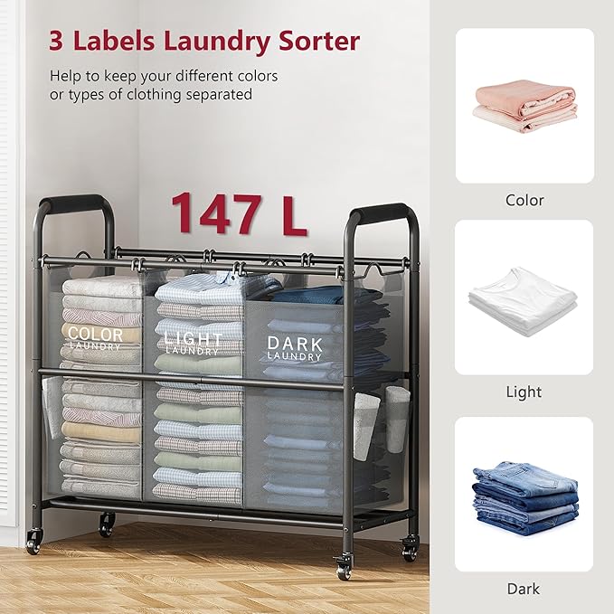 Tajsoon 3 Bag Laundry Sorter Cart, Laundry Hamper Sorter Basket with Heavy Duty Lockable Rolling Wheels for Clothes Storage, Black