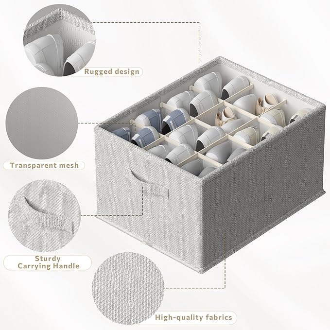 FHSQX 2 Pack Shoe Organizer for Closet,Foldable Shoe Organizer,Fits up to 24 Pairs,Storage Containers With Bottom Support for Shoes